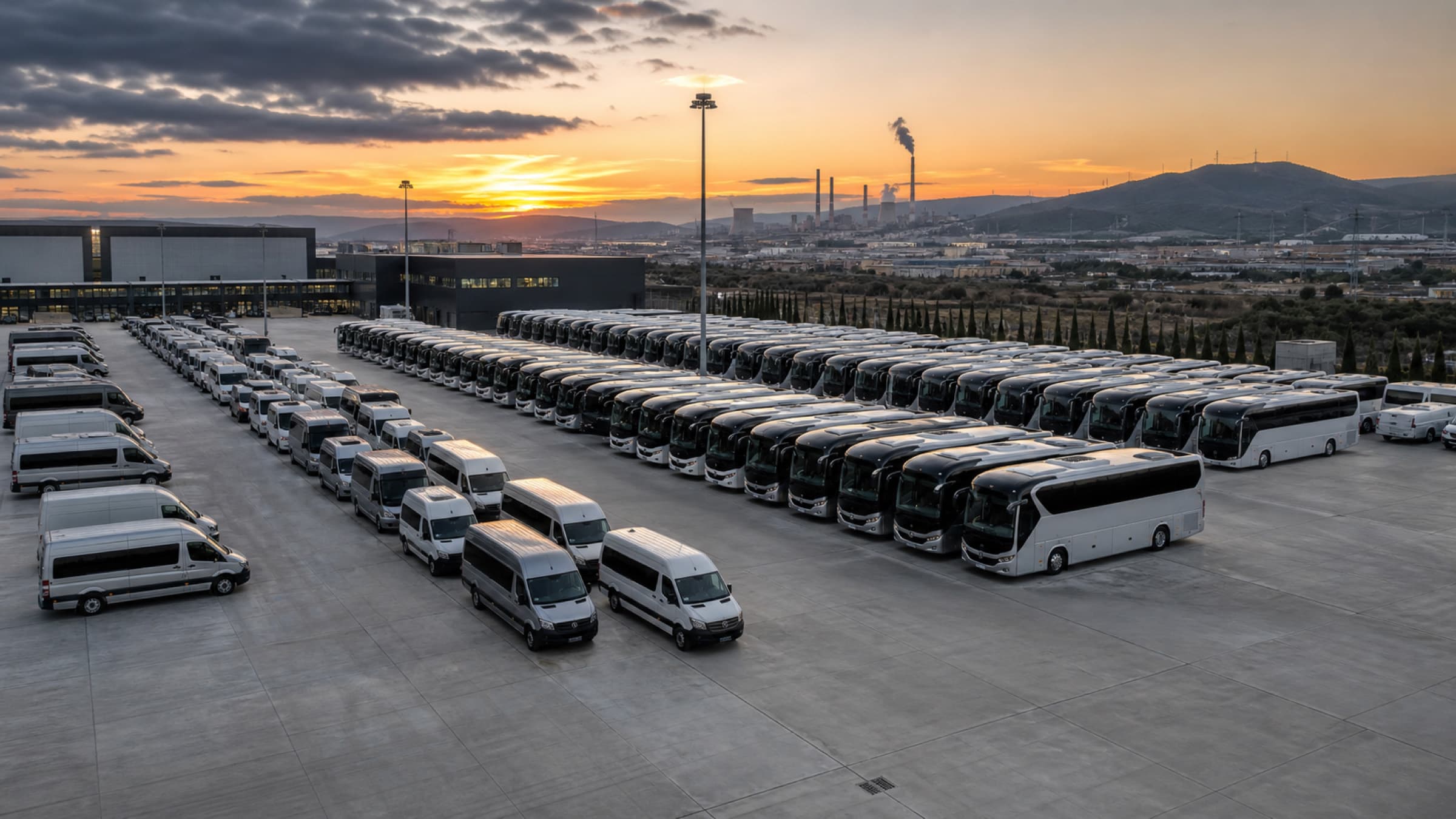 Gün batımında yan yana dizilmiş otobüs ve minibüsler