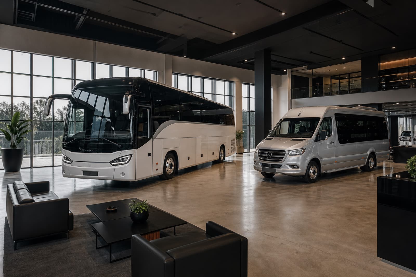 Kapalı satış alanında sergilenen otobüs ve minibüs